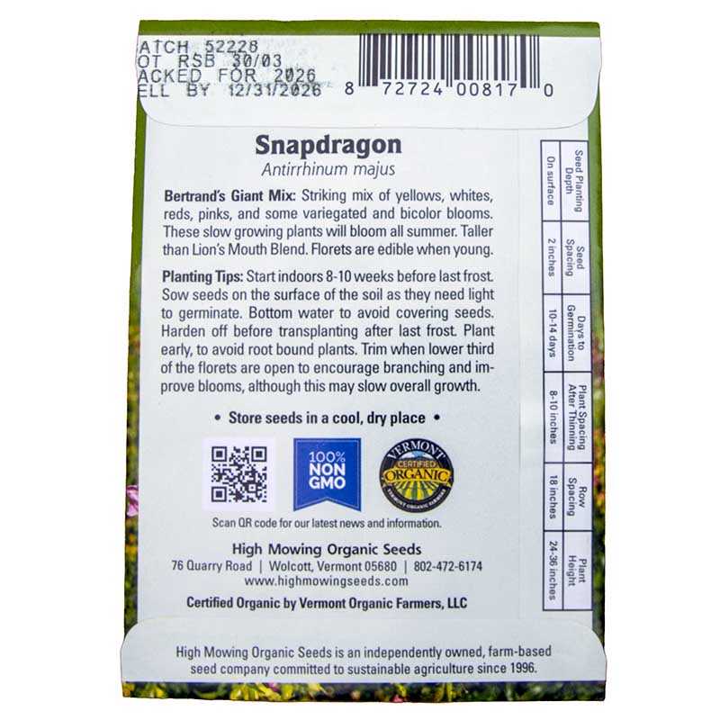 Bertrand's Giant Organic Snapdragon Mix Seeds Flower Seeds High Mowing Seeds and Perennials