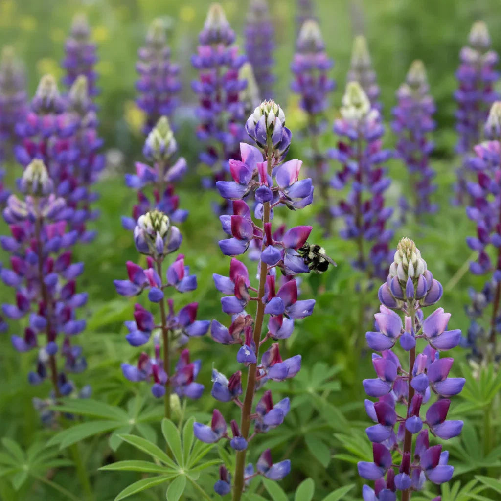 Blue-purple arroyo lupine flower spikes above rounded green leaves