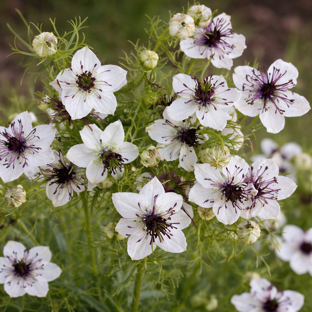 White love-in-a-mist flowers above finely divided green foliage