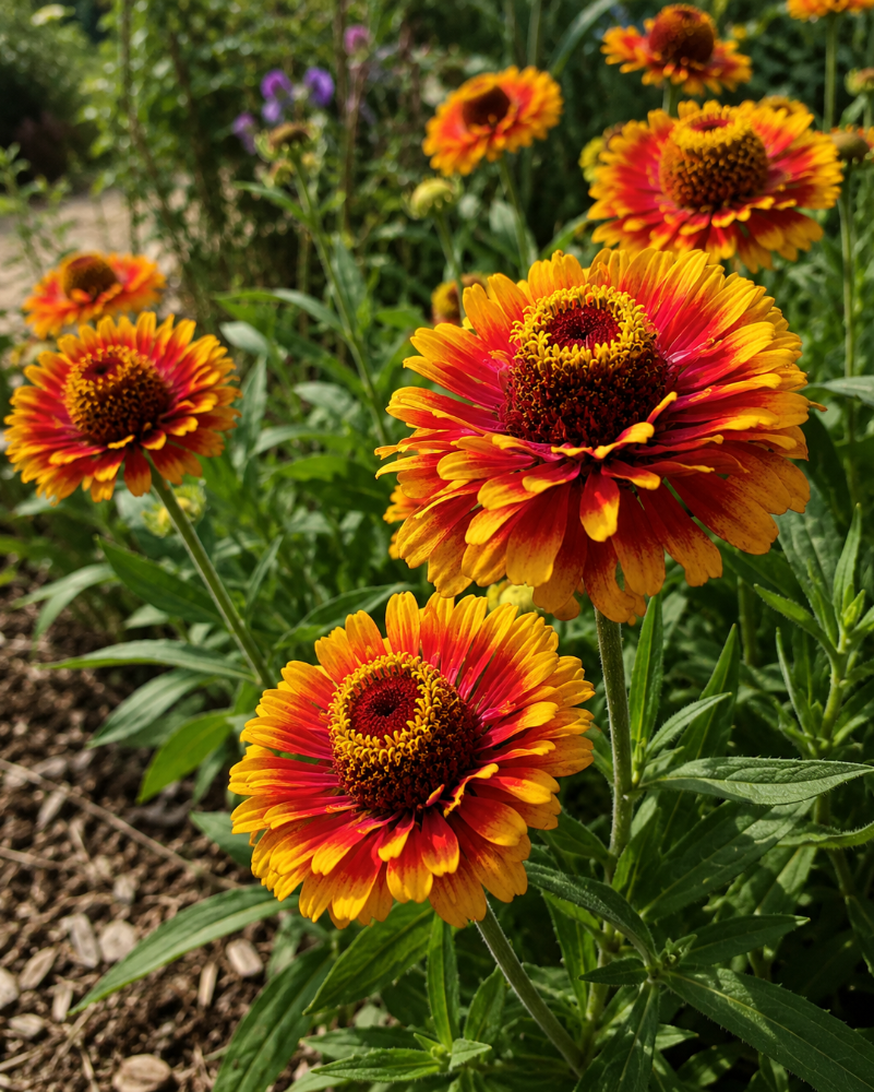 Red and yellow bicolor zinnia flower above green foliage