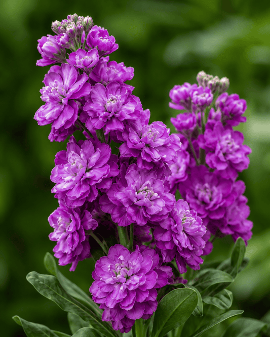 Upright spikes of fragrant rose-magenta stock flowers