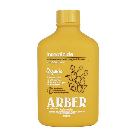 Yellow bottle of Arber insecticide on a white background