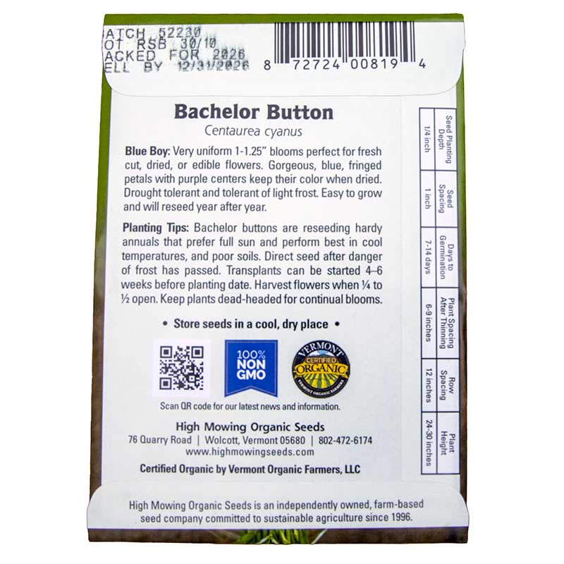 Blue Boy Organic Bachelor Button Seeds Flower Seeds High Mowing Seeds and Perennials