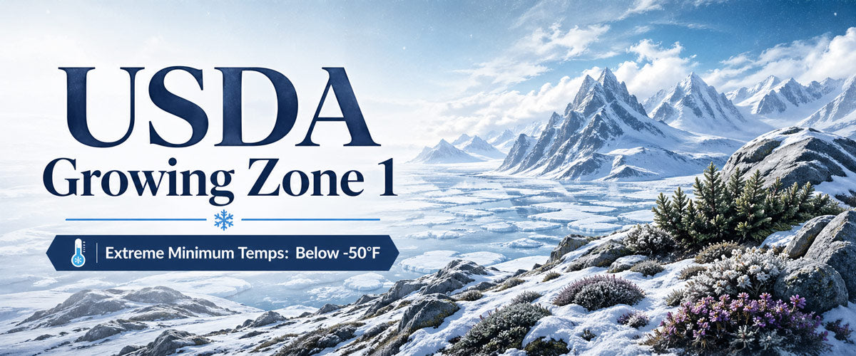 USDA Growing Zone 1 banner with snowy mountain landscape