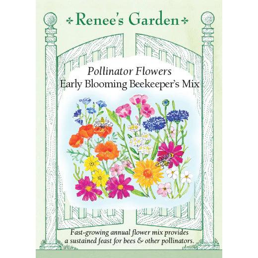 Front of ‘Early Blooming Beekeeper’s Mix’ pollinator flower seed packet