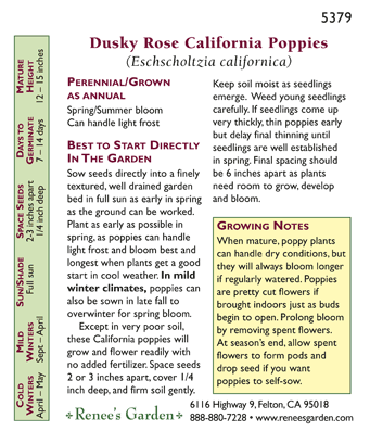 Back of Dusky Rose California Poppy seed packet with sowing information