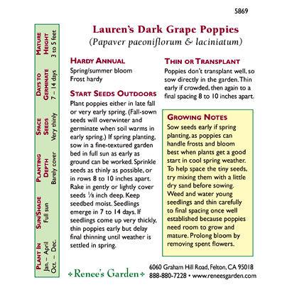 Back of Lauren's Dark Grape Heirloom Poppy seed packet with sowing information