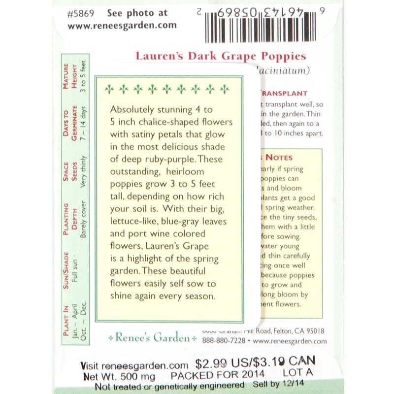 Seed packet information for Lauren's Dark Grape Heirloom Poppy