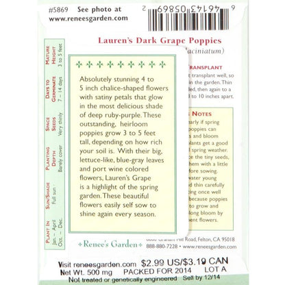Seed packet information for Lauren's Dark Grape Heirloom Poppy